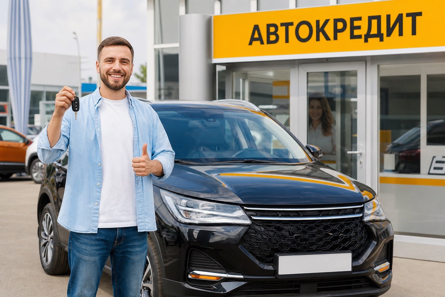 Автокредит — довольный покупатель у киоска